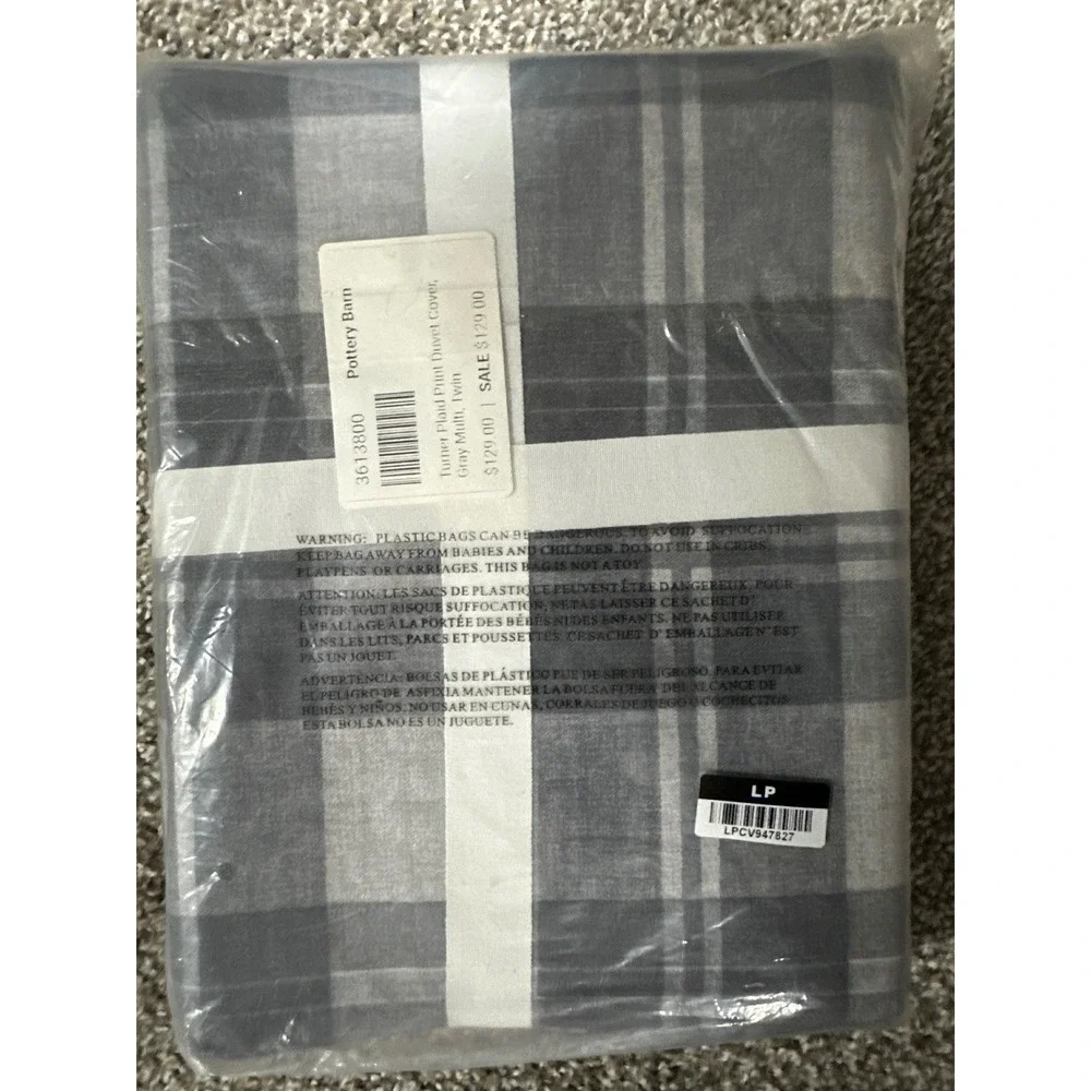 Pottery Barn Turner Plaid Print Duvet Cover Gray Multi Twin Organic Cotton NEW